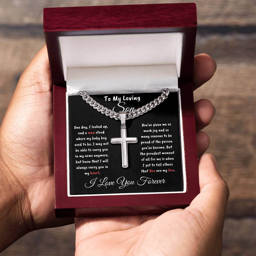 Cuban Chain with Artisan Cross Necklace • Son Gifts from Dad or Mom • Mother to Son Gifts • Gifts for Son Birthday • Unique Christmas Gift Son's